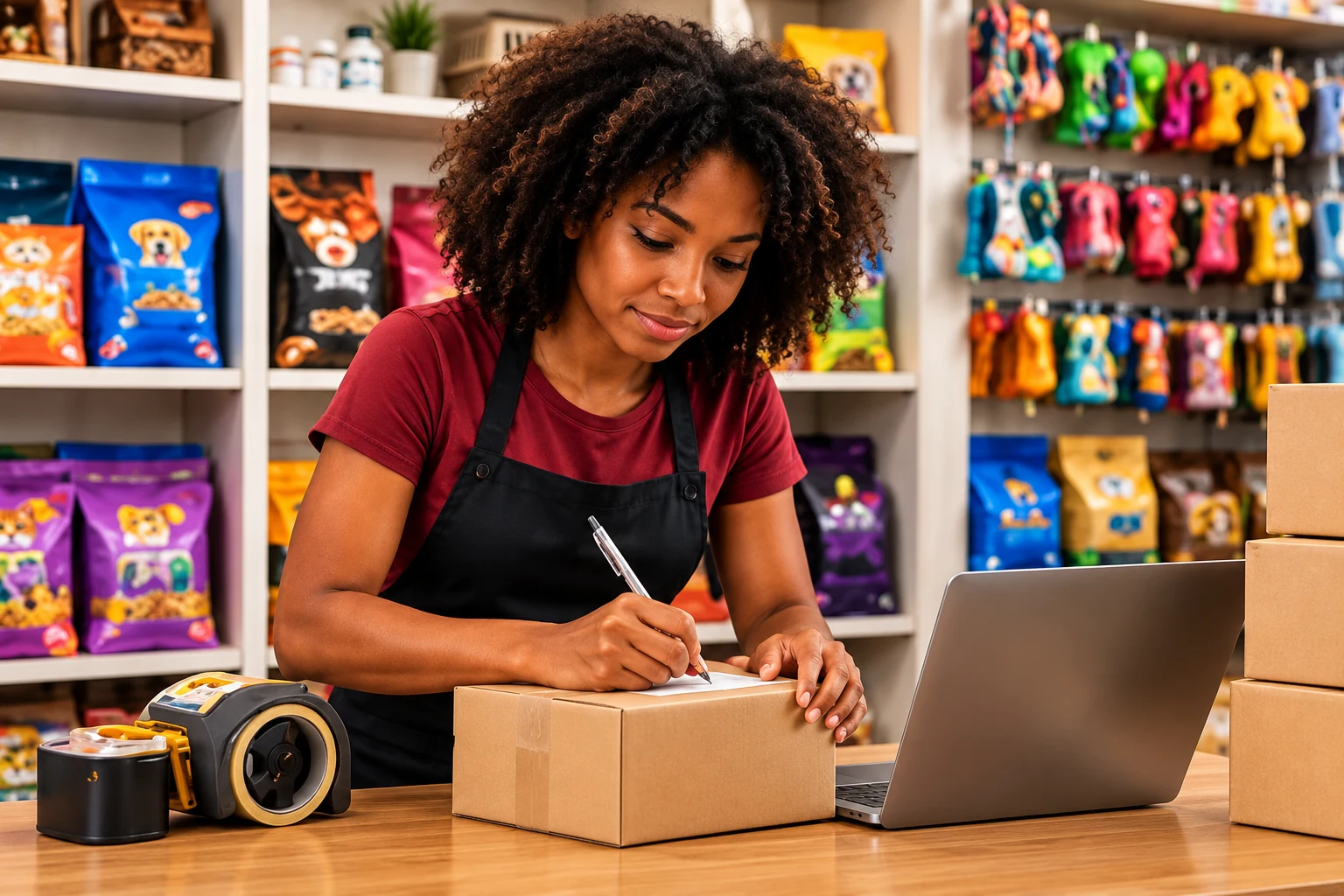 Ilustração de uma lojista preparando produtos para venda pela internet